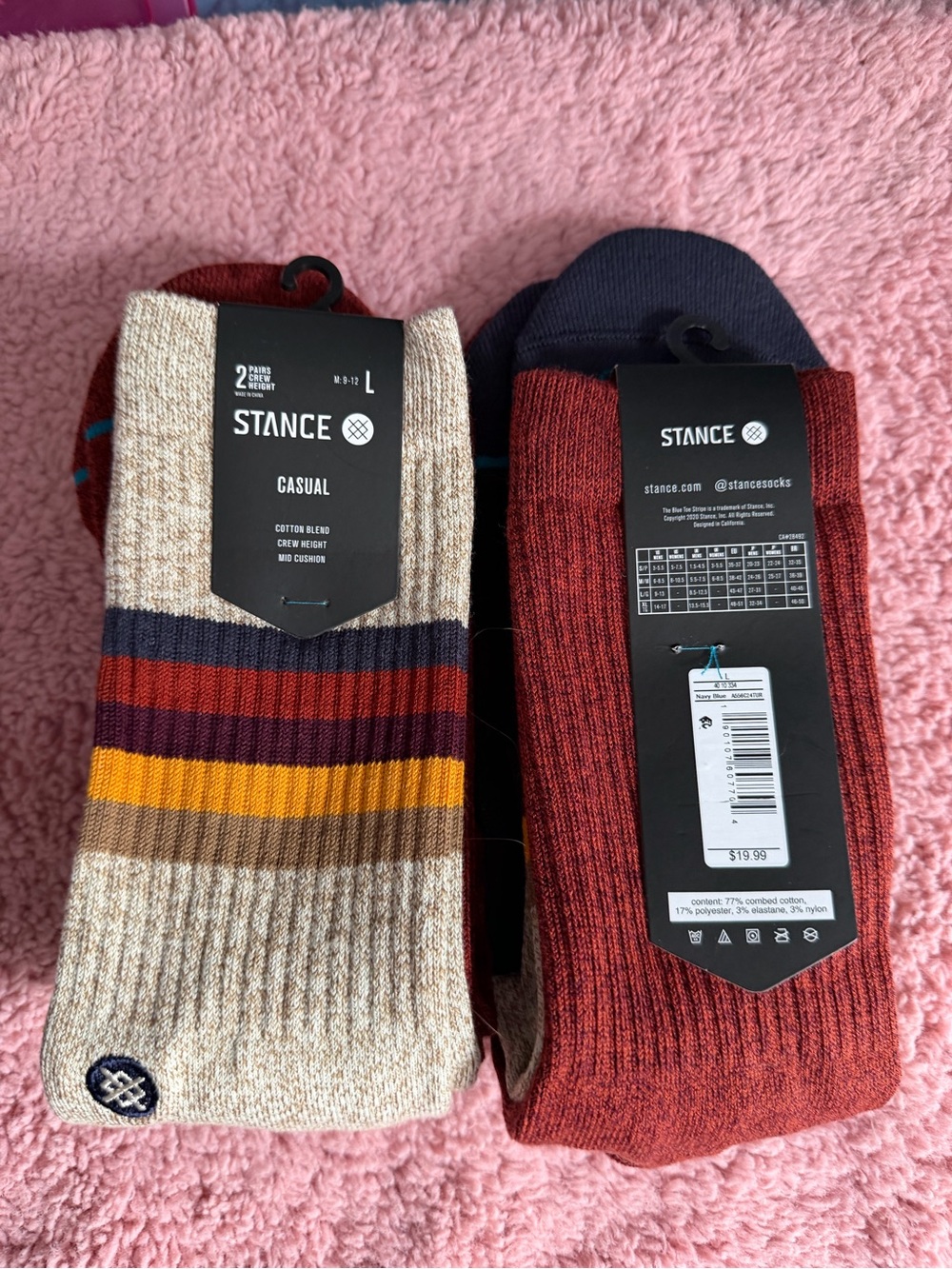 Stance Men’s Casual Crew Socks - Beige Striped & Rust (2 Pack)